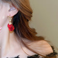 Red Matte Acrylic Petal Tassel Drop Earrings With Silver Posts, Sweet French Princess Style view 3