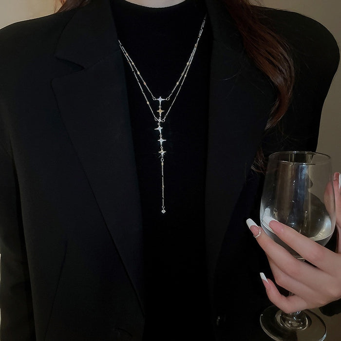 Elegant Stainless Steel Double Layer Rhinestone Star Tassel Clavicle Necklace