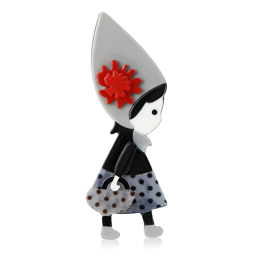 Acrylic Girl With Handbag Brooch For Suit And Cardigan