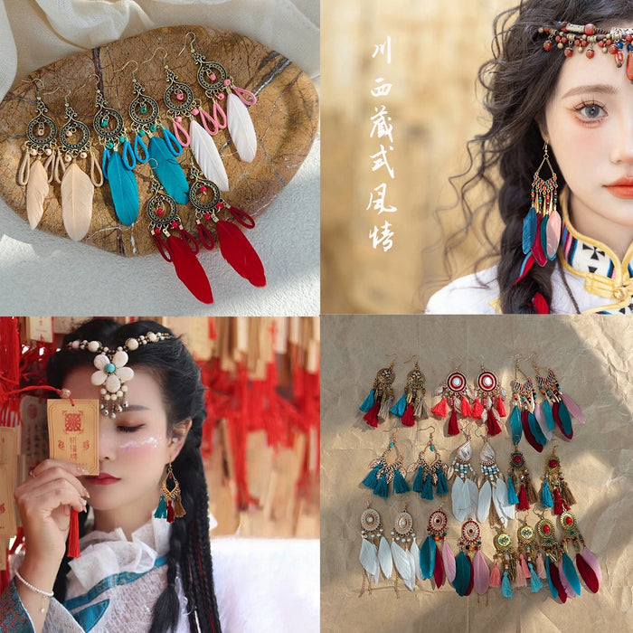 Bohemian Colorful Feather Clip Woven Tassel Seed Bead Hollow Ethnic Earrings For Women