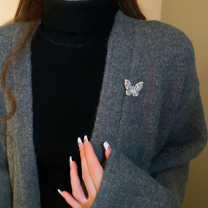 Light Luxury Copper Butterfly Brooch With Teardrop Zircon For Wedding Dress Accessories