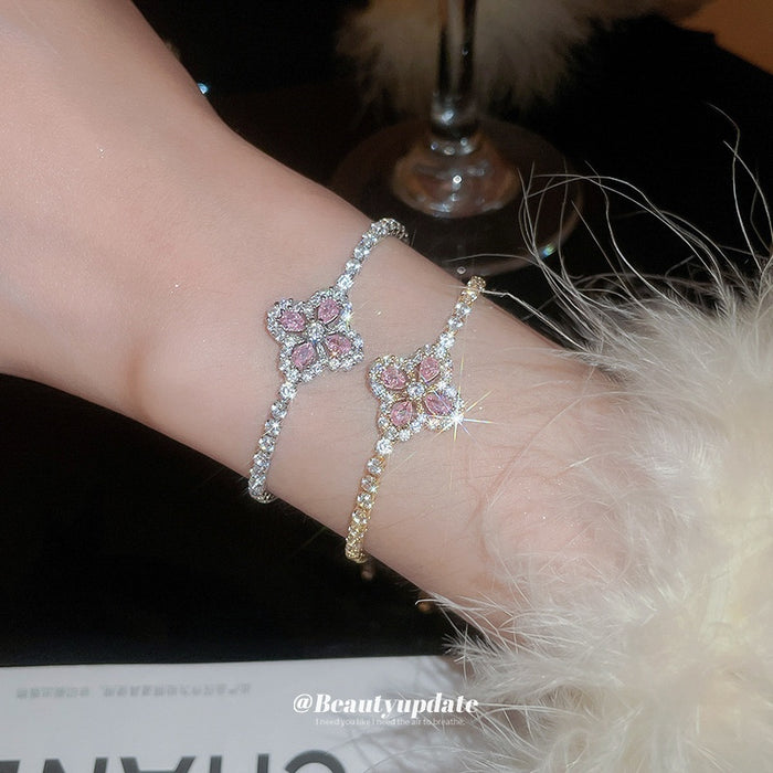 Korean Style Copper Pink Rhinestone Flower Bangle For Women Elegant Commuter Jewelry