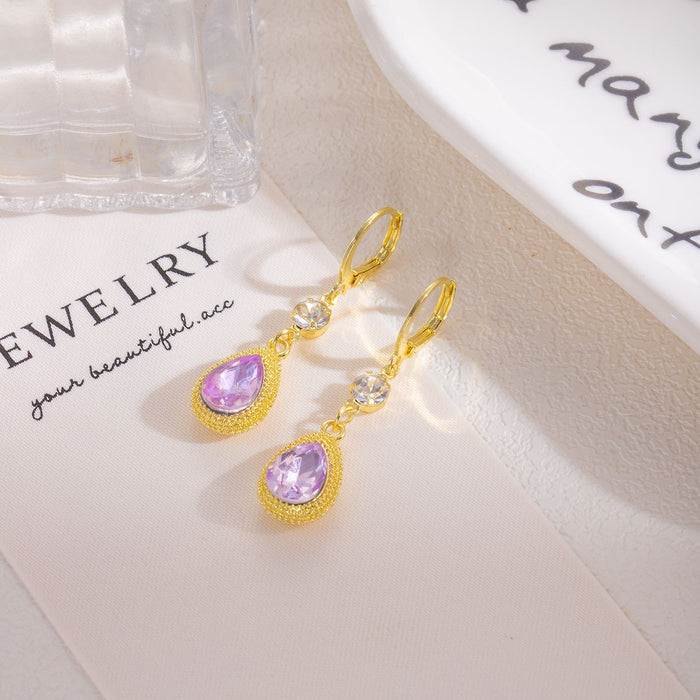 French Luxury Purple Zircon Teardrop Dangle Tassel Gold Alloy Rhinestone Leverback Earrings