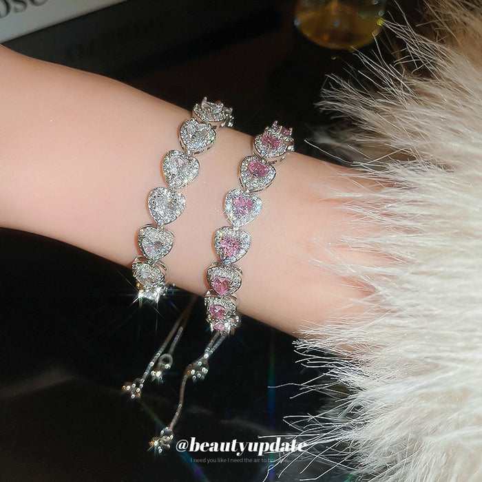 Light Luxury Copper Heart Bangle With Pink Crystal Splice Design Sweet Cool Style Jewelry