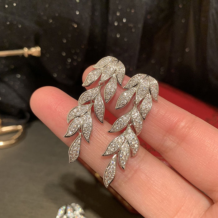 Micro Paved Zircon Leaf Drop Earrings For Women, Elegant Botanical Long Stud Jewelry