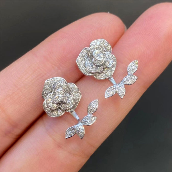 Flower Leaf Zircon Stud Earrings For Women Shiny Floral Fashion Daily Jewelry Accessories