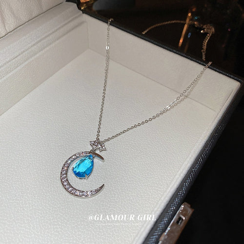 Copper Zircon Waterdrop Star Moon Pendant Necklace, Premium Geometric Clavicle Chain for Women