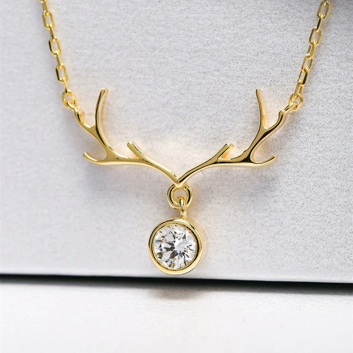 Christmas Zircon Inlaid Reindeer Antler Pendant Necklace For Women, Cute Holiday Jewelry