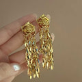 Chic Metal Rose Flower Tassel Drop Earrings With Silver Needle Posts Light Luxury Long Design view 3