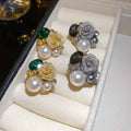Faux Pearl Rose Flower Stud Earrings With Silver Pins, French Elegant Fashion Jewelry view 1