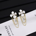 Elegant White Enamel Flower Pearl Rhinestone Gold Chain Tassel Drop Stud Earrings view 3
