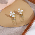 Elegant White Enamel Flower Pearl Rhinestone Gold Chain Tassel Drop Stud Earrings view 4