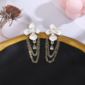 Elegant White Enamel Flower Pearl Rhinestone Gold Chain Tassel Drop Stud Earrings view 2