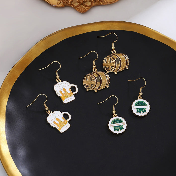 Creative Oktoberfest Beer Mug Bottle Cap Barrel Enamel Alloy Fun Personality Drop Earrings