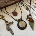 Ethnic Faux Leather Star Feather Tassel Necklace, Vintage Chinese Style Geometric Collarbone Jewelry view 2