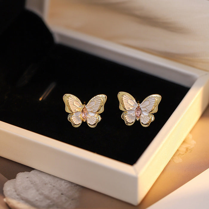 Elegant French Vintage White Enamel Butterfly Studs With Pink Zircon Forest Style Women's Earrings