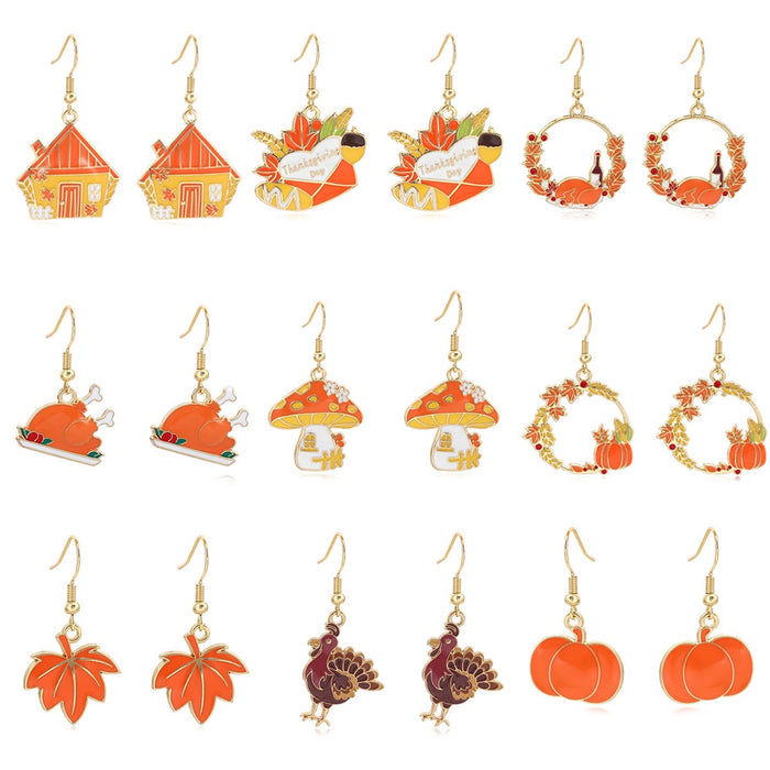 Thanksgiving Cartoon Mushroom House Wreath Turkey Earrings Creative Color Enamel Studs