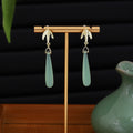 Vintage New Chinese Leaf Green Crystal Water Drop Tassel Long Dangle Silver Needle Earrings view 1