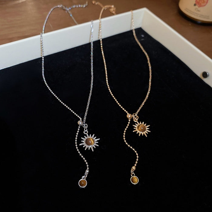 Tiger Eye Sunflower Pendant Necklace Light Luxury Vintage Floral Collarbone Chain Jewelry
