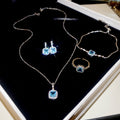 Sea Blue Copper Jewelry Set With Round Pendant Necklace Earrings Ring Bracelet Princess Style view 1