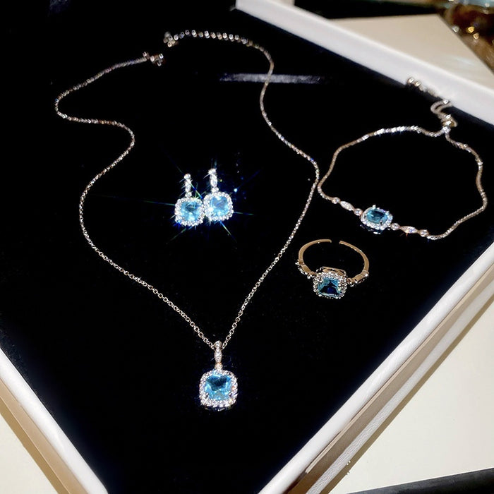 Sea Blue Copper Jewelry Set With Round Pendant Necklace Earrings Ring Bracelet Princess Style