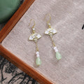 Vintage Chinese Fan Bamboo Leaf Zircon Pearl Green Teardrop Tassel Luxury Dangle Earrings view 4
