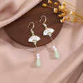 Vintage Chinese Fan Bamboo Leaf Zircon Pearl Green Teardrop Tassel Luxury Dangle Earrings view 3