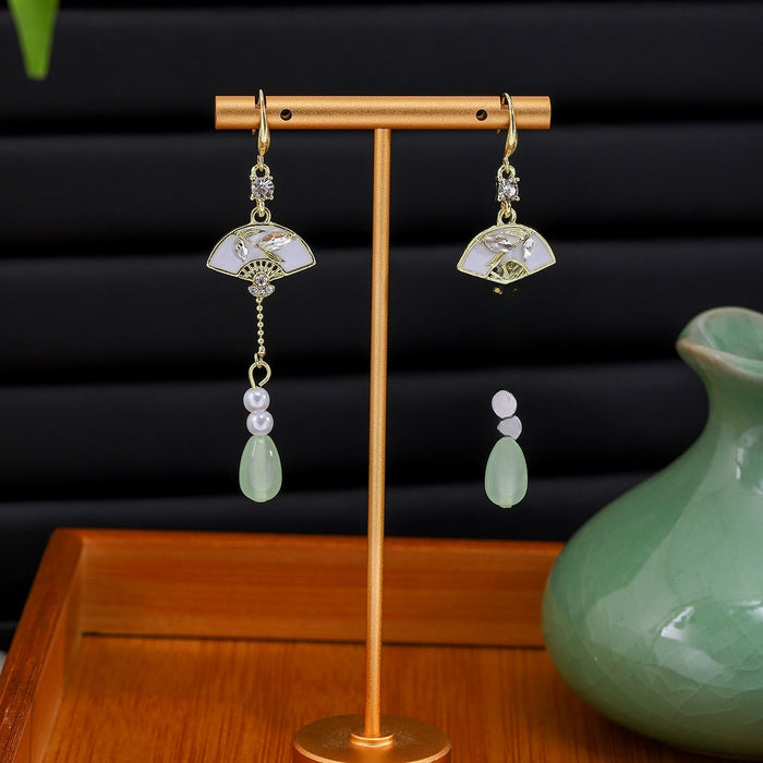 Vintage Chinese Fan Bamboo Leaf Zircon Pearl Green Teardrop Tassel Luxury Dangle Earrings