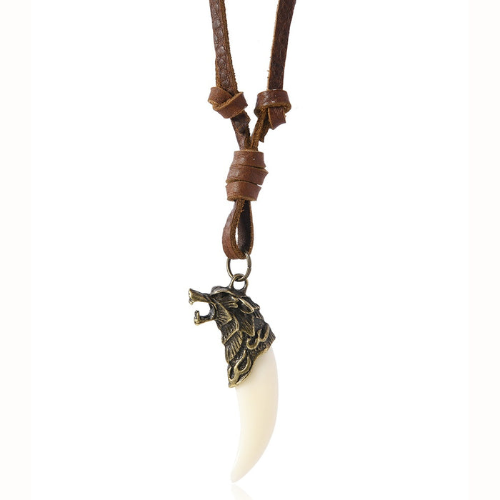 Vintage Wolf Tooth Cowhide Leather Adjustable Necklace, Ethnic Style Men's Choker Jewelry