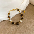 Vintage Gold Plated Faux Pearl Tiger Eye Beaded Bangle With Round Geometric Charm view 4