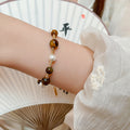 Vintage Gold Plated Faux Pearl Tiger Eye Beaded Bangle With Round Geometric Charm view 3