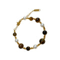 Vintage Gold Plated Faux Pearl Tiger Eye Beaded Bangle With Round Geometric Charm view 5