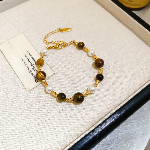 Vintage Gold Plated Faux Pearl Tiger Eye Beaded Bangle With Round Geometric Charm