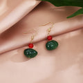 Vintage Chinese Style Green Resin Bead Dangle Hook Earrings With Red Accent Beads Elegant Ethnic Drop Earrings view 3