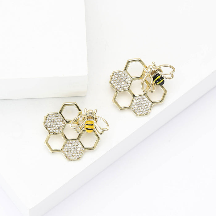 Copper Zircon Rotating Honeycomb Bee Brooch Pin For Women