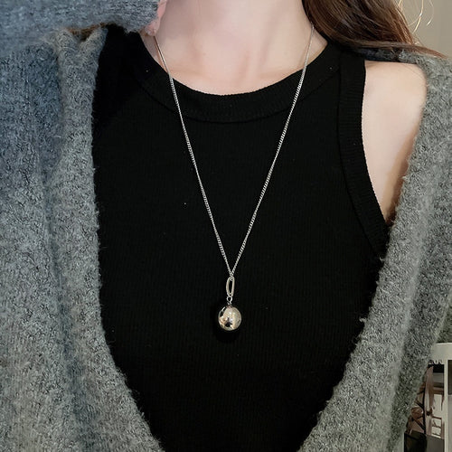 Stainless Steel Minimalist Round Ball Pendant Necklace For Women Elegant Long Clavicle Chain