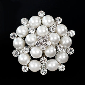 Black Silver Tone Flower Crystal Pearl Look Metal Brooch Pin 3.7 cm 3.7 cm