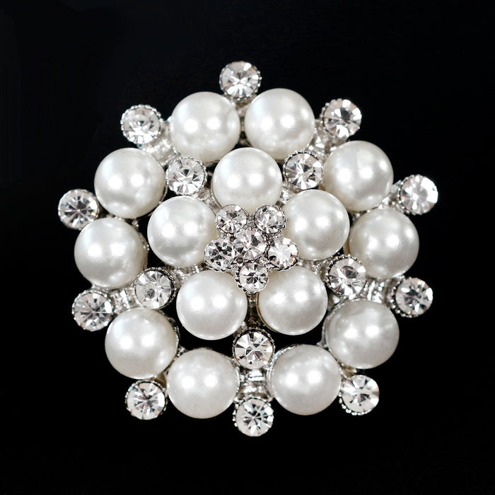 Black Silver Tone Flower Crystal Pearl Look Metal Brooch Pin 3.7 cm 3.7 cm