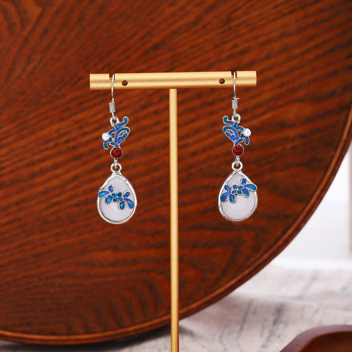 Vintage Blue Floral Enamel Teardrop Faux Pearl Rhinestone Long Dangle Drop Earrings