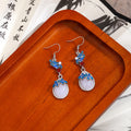 Vintage Blue Floral Enamel Teardrop Faux Pearl Rhinestone Long Dangle Drop Earrings view 4