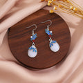 Vintage Blue Floral Enamel Teardrop Faux Pearl Rhinestone Long Dangle Drop Earrings view 2