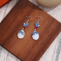 Vintage Blue Floral Enamel Teardrop Faux Pearl Rhinestone Long Dangle Drop Earrings view 3