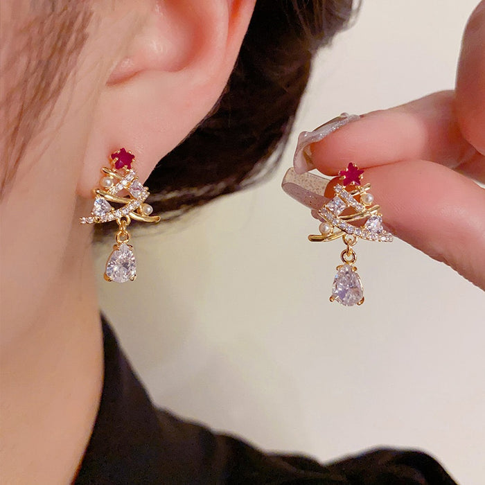 Zircon Inlaid Christmas Tree Drop Earrings For Women, Light Luxury Holiday Fashion Jewelry