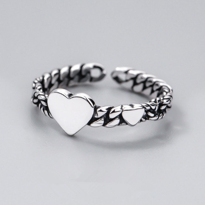 Adjustable Open Ring With Double Heart Design, Antique Silver Heart Fashion Finger Ring