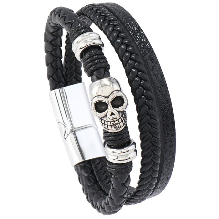 Punk Skull Magnetic Clasp Men's Handmade Braided Leather Bracelet For European American Accessories