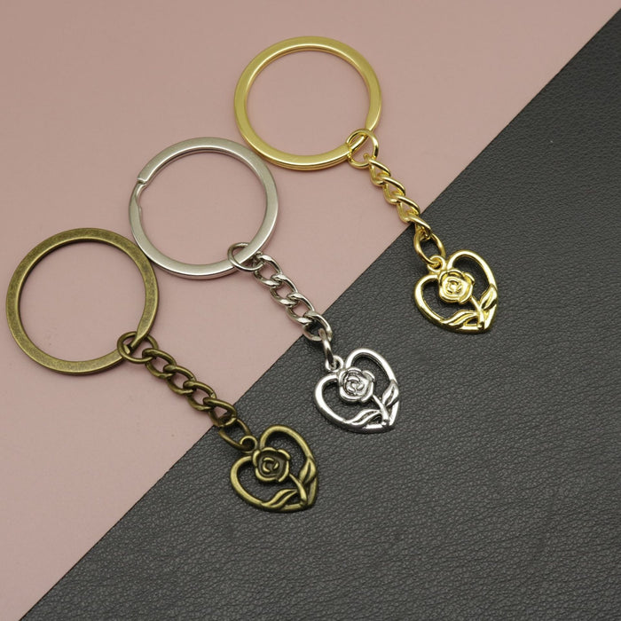 Metal Heart Rose Keychain Bag Charm