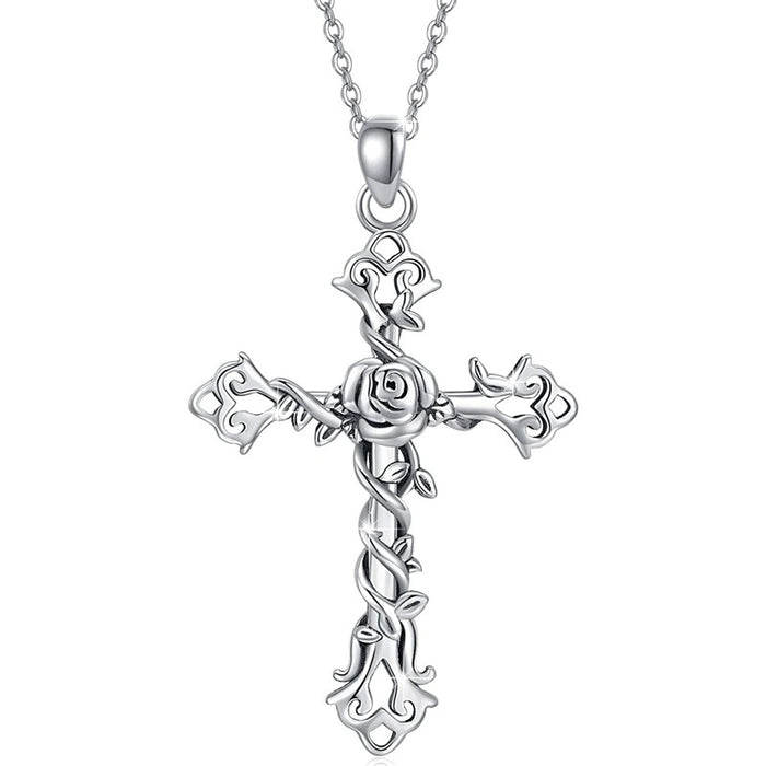 Metallic Thorn Romantic Rose Pendant Necklace, Hollow Floral Chain Jewelry For Halloween Gifts