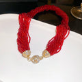 Statement Multilayer Red Seed Bead Necklace For Women, Alloy Geometric Round Charm Collarbone Chain view 4