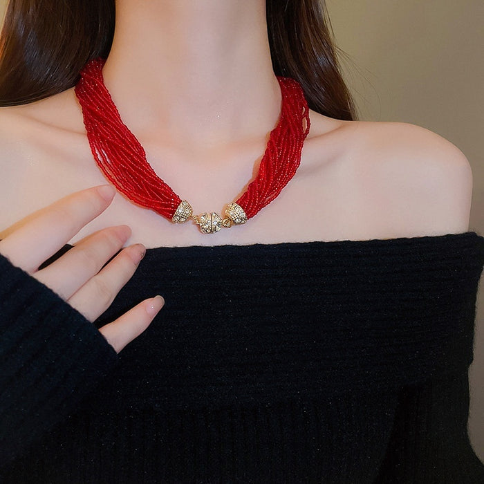 Statement Multilayer Red Seed Bead Necklace For Women, Alloy Geometric Round Charm Collarbone Chain
