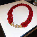 Statement Multilayer Red Seed Bead Necklace For Women, Alloy Geometric Round Charm Collarbone Chain view 2